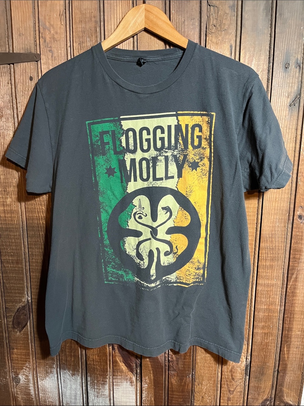 Flogging Molly Black Graphic Tee with Green & Yellow Print
